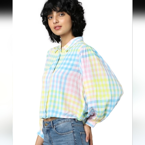 ONLY Vision Button-down Colorful Plaid Crop Top Size S - Picture 1 of 10